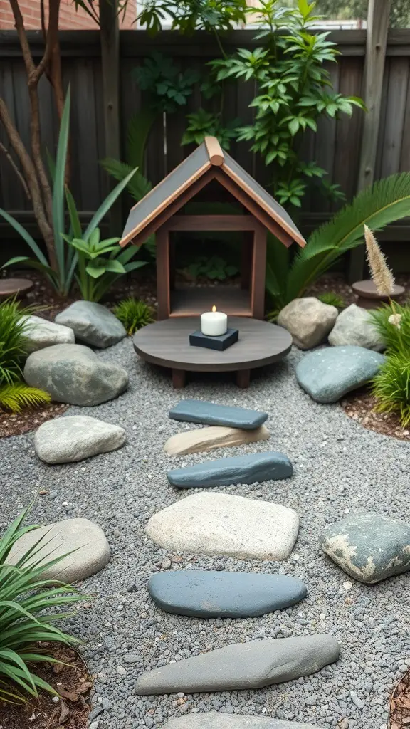 A peaceful meditation area featuring a small structure, stones, and greenery.
