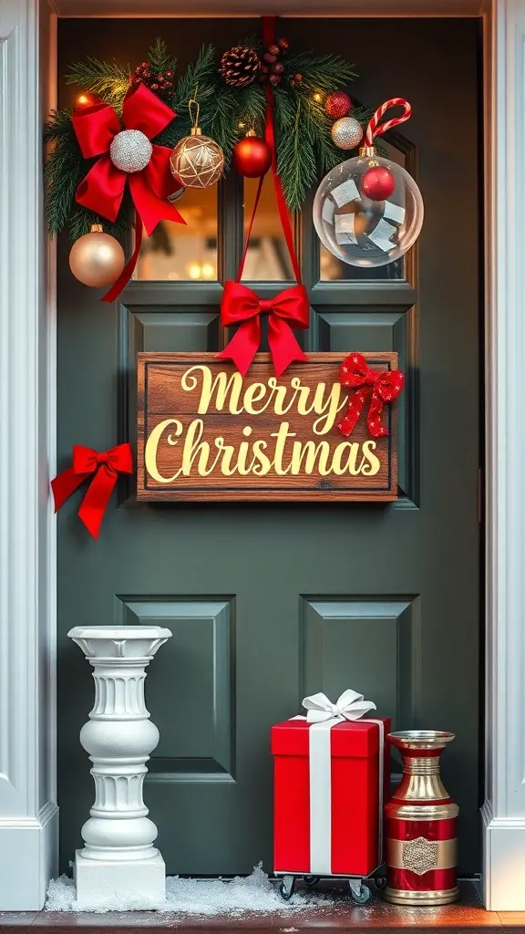 A festive door with a 'Merry Christmas' sign, adorned with ornaments and decorations.