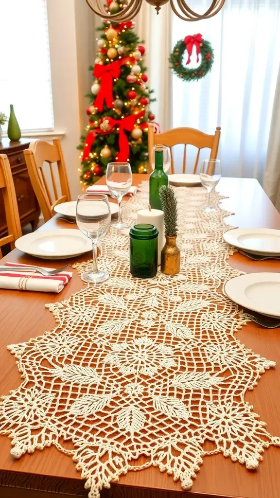 A beautifully set dining table with a crochet table runner, surrounded by festive decorations including a Christmas tree.