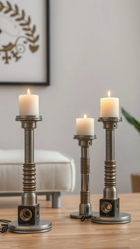 23+ Creative Car Room Decor Ideas for Enthusiasts 17 Three piston candle holders with white candles on a wooden table.