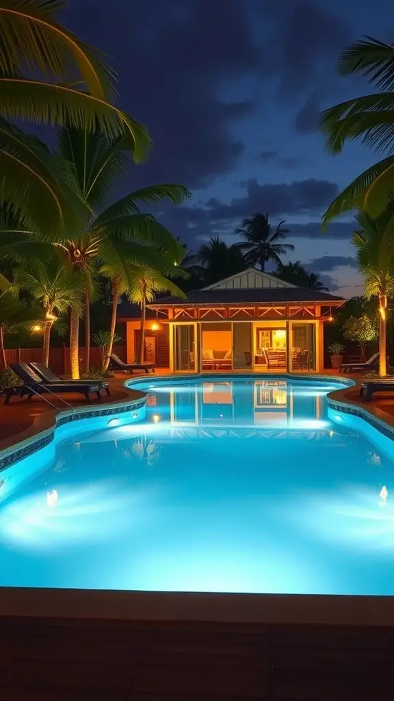 Tropical pool area at night with blue lighting and palm trees