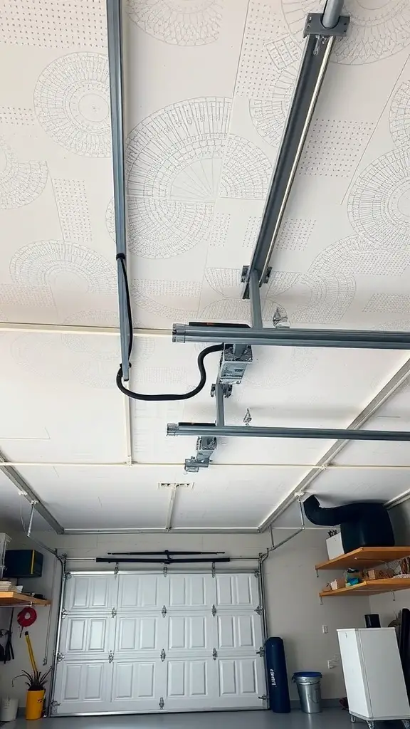 Image of a garage ceiling with a drop ceiling design, showcasing tracks and lighting.