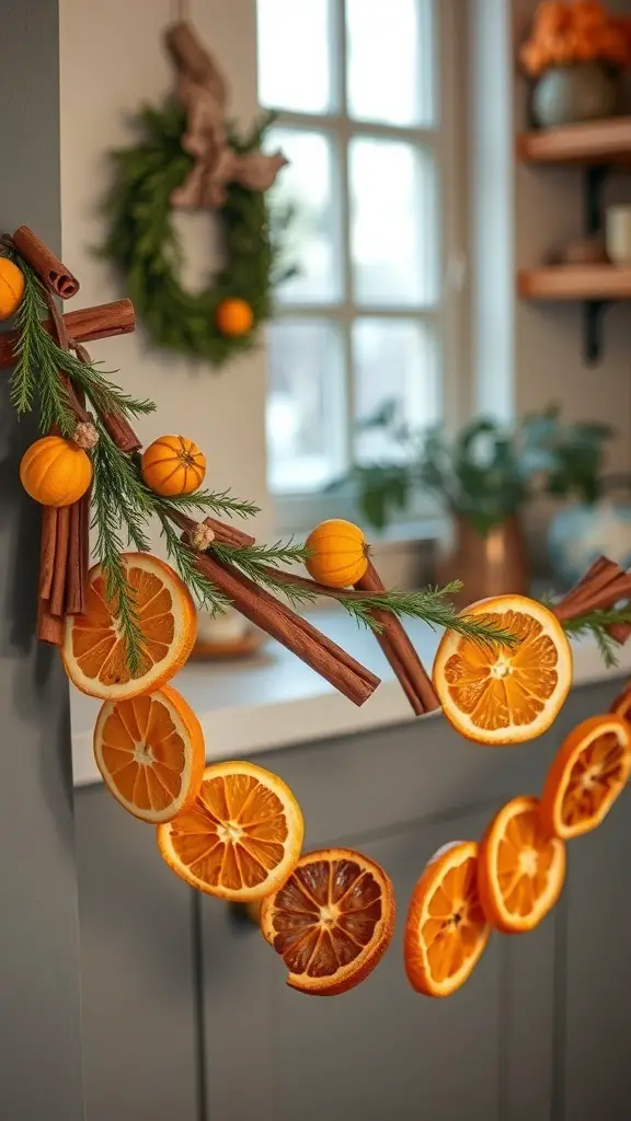23+ Stunning Fall Garland Ideas for a Cozy Home Decor 15 A fall garland made of cinnamon sticks and orange slices, decorated with small pumpkins and greenery.
