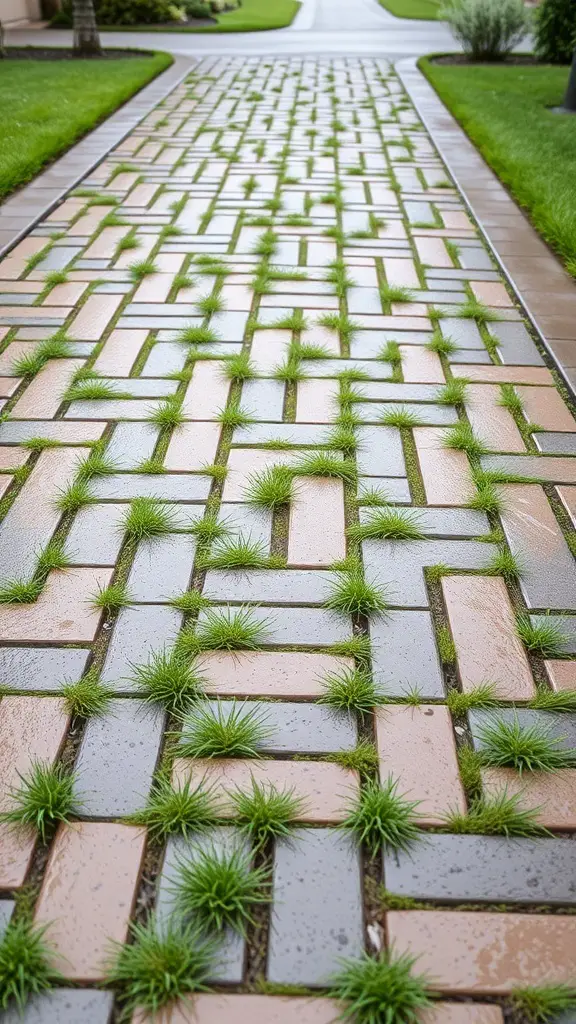 A pathway made of interlocking pavers with grass growing between them, showcasing a permeable paving solution.