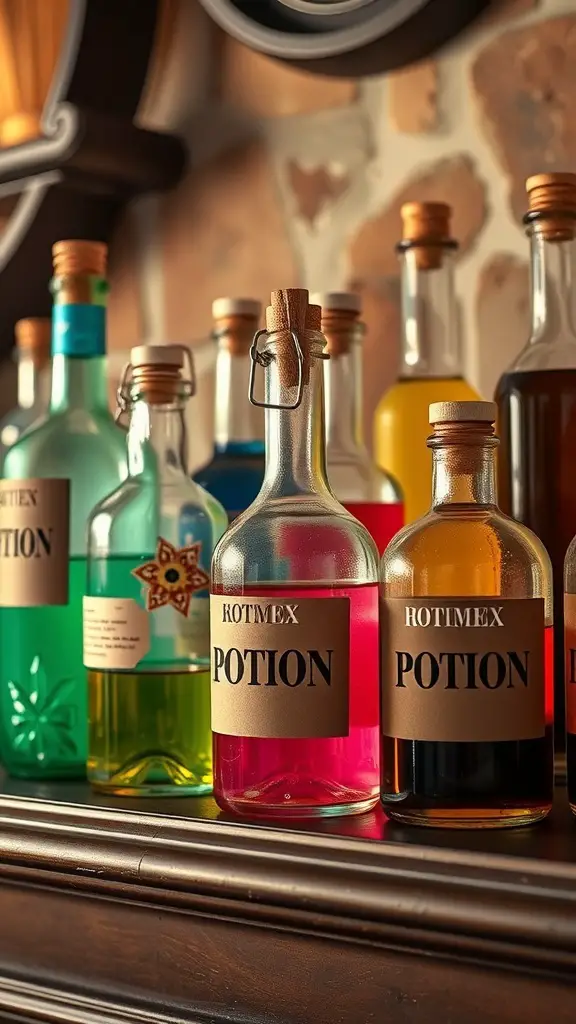 27+ Spook-tacular Halloween Mantel Decor Ideas with 15 Must-Have Items 13 Colorful potion bottles with labels on a mantel