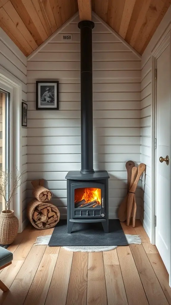 A compact wood stove in a small room with wooden flooring and light-colored walls.