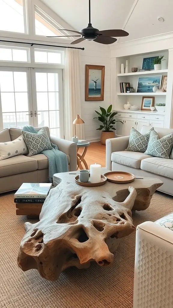 29+ Stunning Beach House Decor Ideas You'll Love 7 A living room featuring a driftwood coffee table, cozy armchairs, and beach-themed decor.