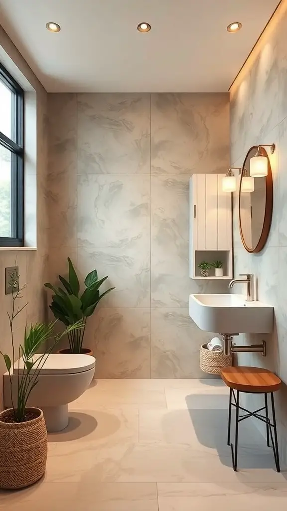 27+ Stunning Statement Powder Room Ideas to Transform Your Space 18 A modern powder room featuring natural elements, plants, and eco-friendly design.