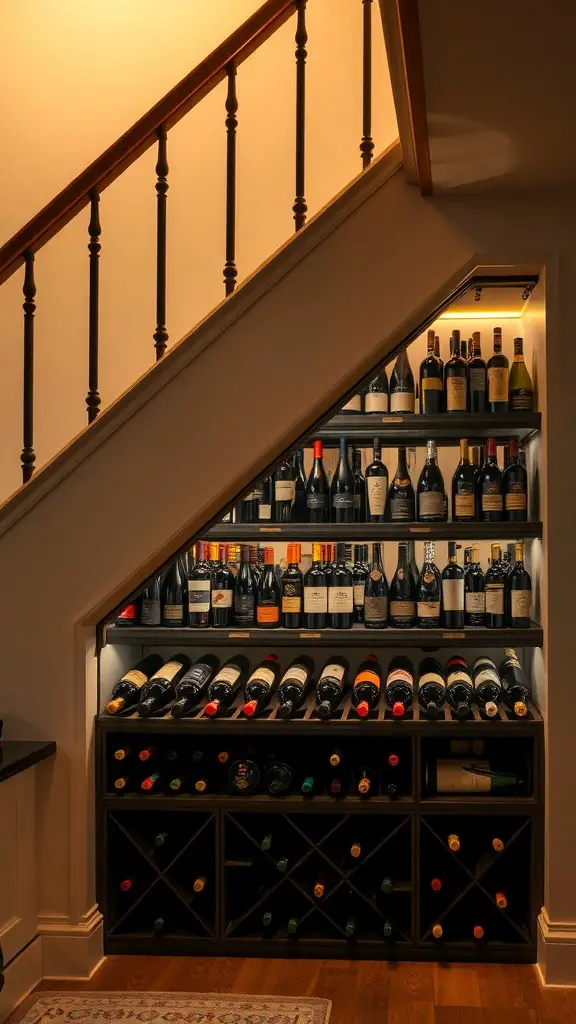 25+ Creative Under Stairs Storage Ideas for Every Home 11 Stylish wine storage under stairs with various wine bottles organized on shelves.