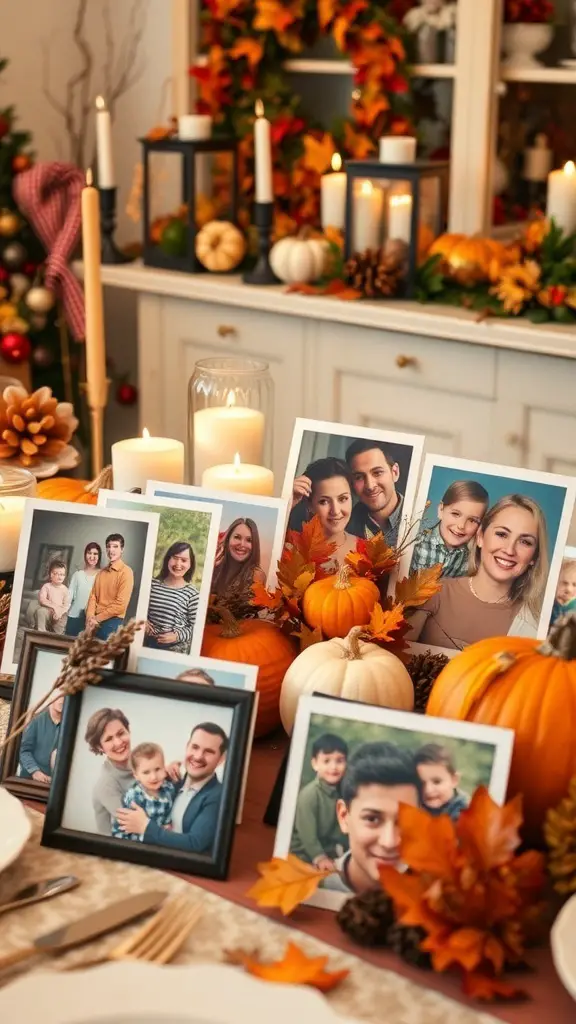 29+ Creative Thanksgiving Party Decorations You Need to Try 16 A festive Thanksgiving table with family photos displayed among pumpkins and autumn leaves.