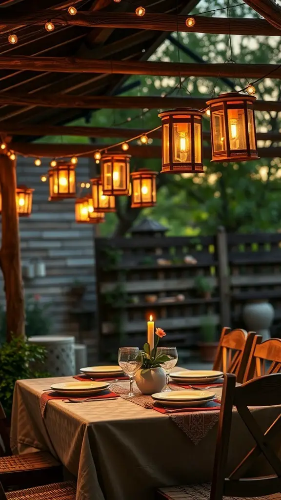 Outdoor dining setup with lanterns and string lights