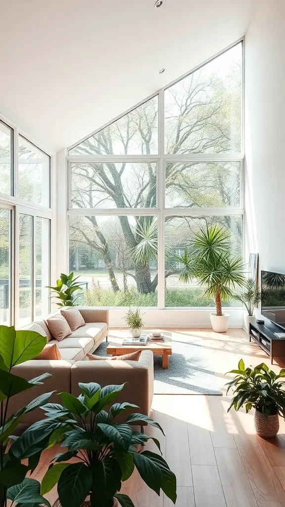 Bright and airy living room with large windows, light-colored furniture, and indoor plants.