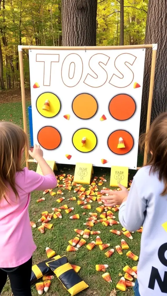 19+ Exciting Halloween Carnival Games for Spooktacular Fun 13 A fun Halloween game called Candy Corn Toss with colorful targets and candy corn cups.