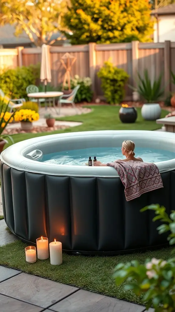 21+ Creative Backyard Inflatable Hot Tub Ideas 8 A person relaxing in an inflatable hot tub in a backyard setting, surrounded by candles and greenery.