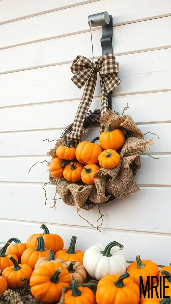 A rustic pumpkin wreath with orange pumpkins and a checkered bow, hanging on a wall, surrounded by more pumpkins.