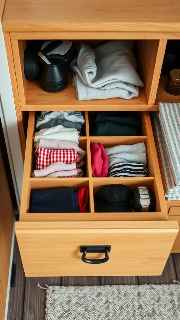 33+ Creative Camper Clothes Storage Ideas for Your Next Adventure 13 Organized drawer with clothing items separated by dividers.