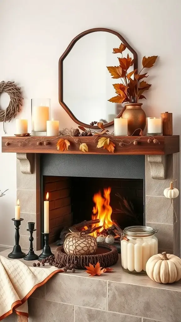 27+ Stunning Fall Mantle Decor Ideas You’ll Love 12 A beautifully decorated fall mantle featuring candles, pumpkins, and autumn leaves.