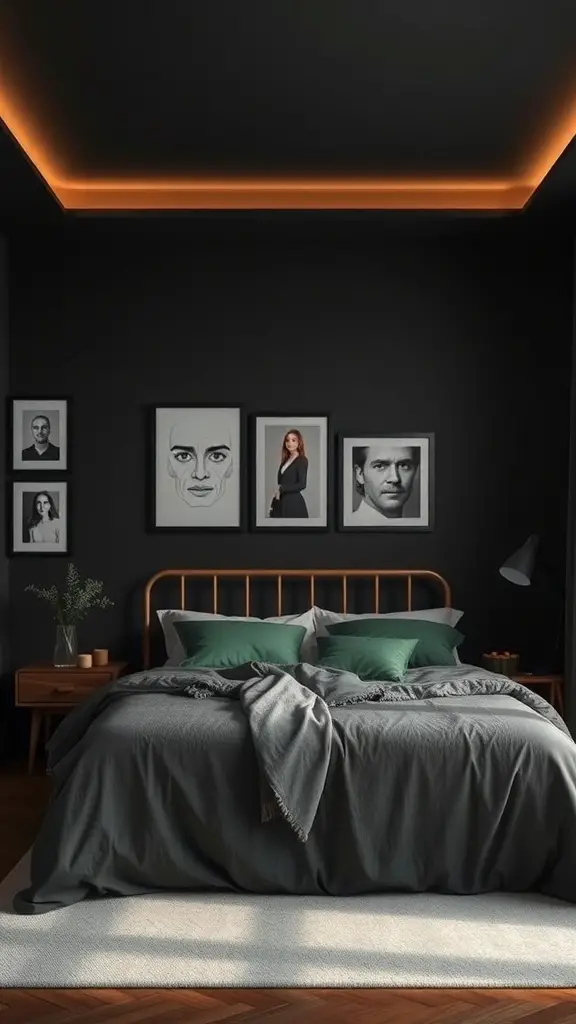 A dark modern bedroom featuring personalized artwork displays on the walls.