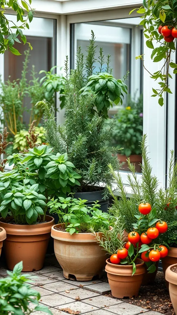 27+ Inspiring Atrium Garden Ideas to Transform Your Space 9 A cozy atrium garden corner filled with potted herbs and vegetables, including basil, rosemary, and cherry tomatoes.