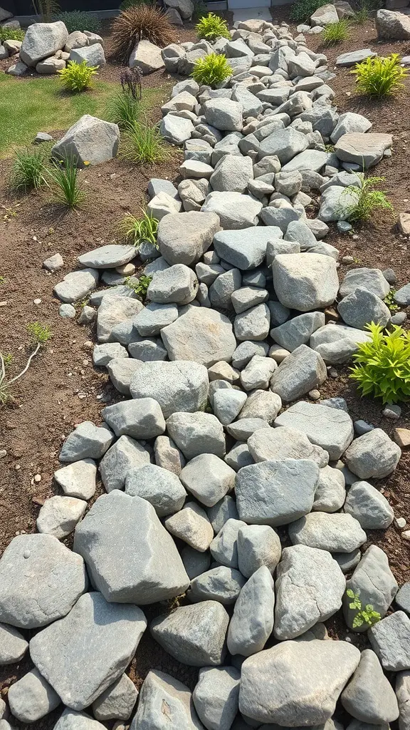 25+ Inspiring Rock Bed Landscaping Ideas for Your Garden 11 A rock bed designed for drainage with various sizes of stones and surrounding greenery.