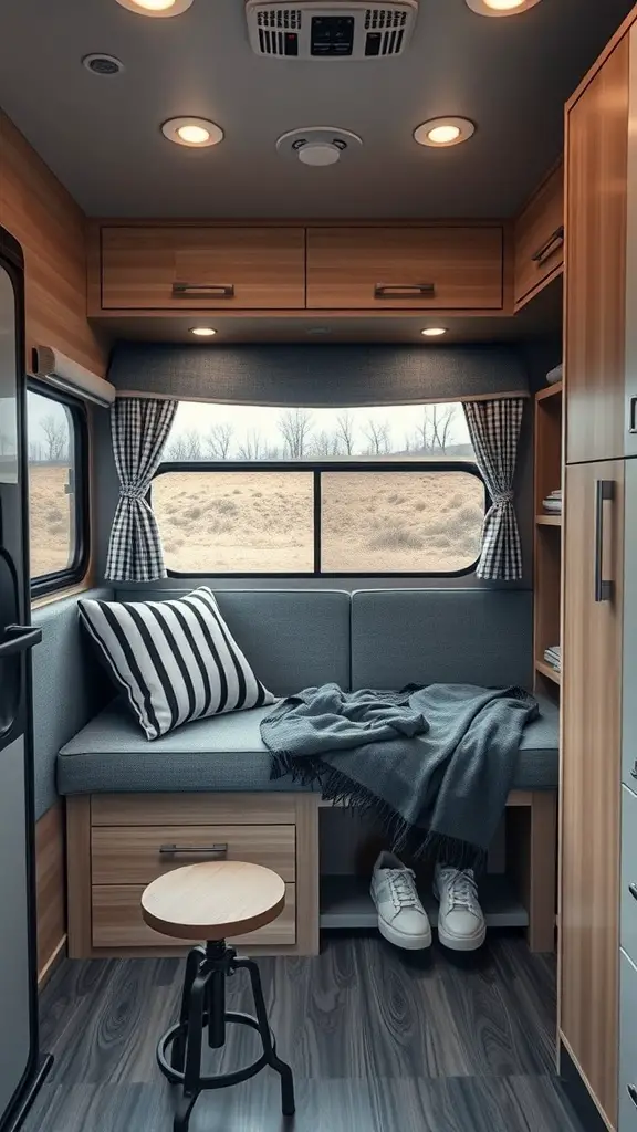 33+ Creative Camper Clothes Storage Ideas for Your Next Adventure 8 Cozy camper interior with multi-purpose furniture, including a sofa with storage and a small table.
