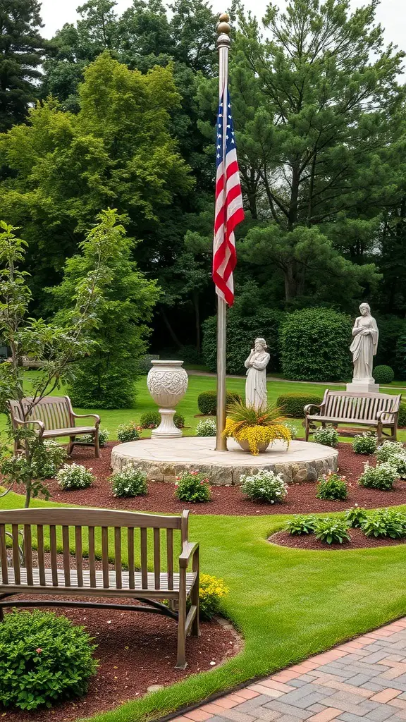 A landscaped area with a flag pole, benches, flowers, and statues.