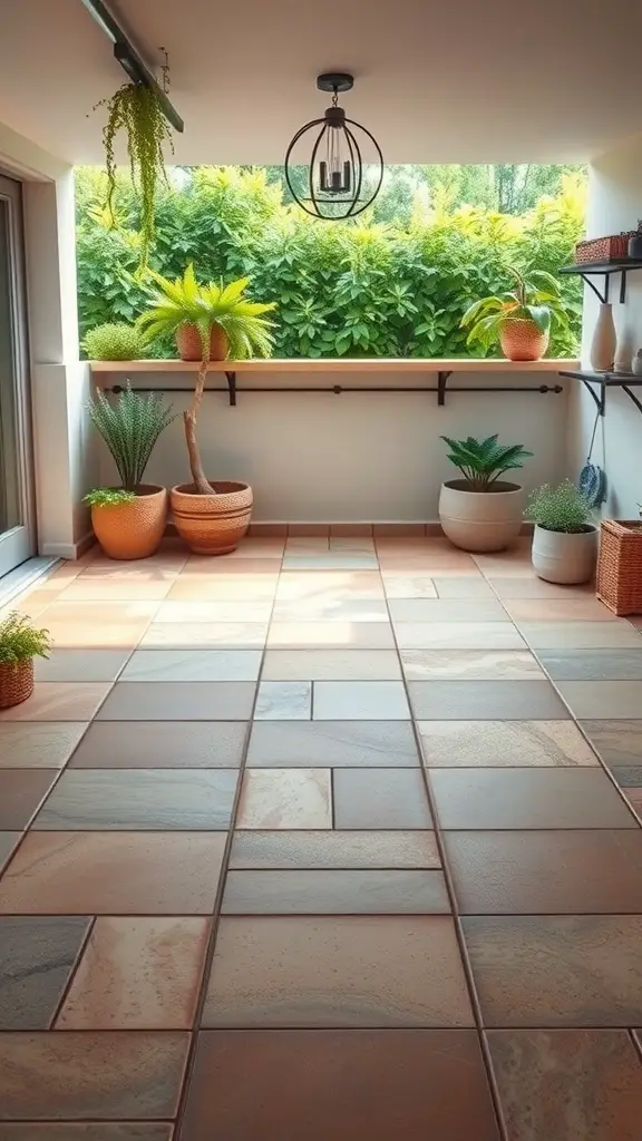 25+ Creative Garage Tile Floor Ideas to Transform Your Space 20 A stylish outdoor space with tiled flooring and potted plants.