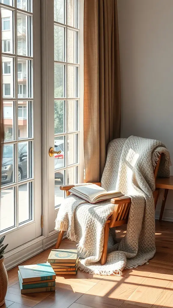 A cozy reading nook by a window with a wooden chair, a blanket, and stacked books.