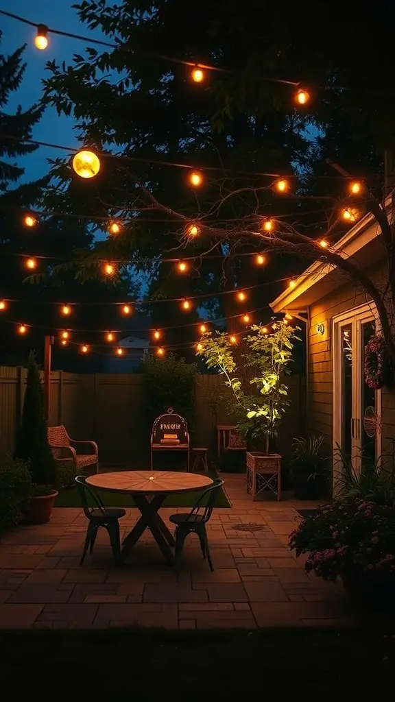 Outdoor space with string lights and a full moon