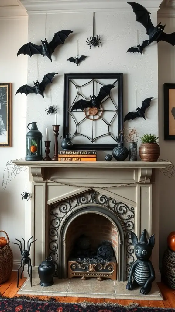 27+ Spooktacular Halloween Fireplace Decor Ideas You Need to Try 18 A Halloween-themed fireplace decorated with bats and spiders.
