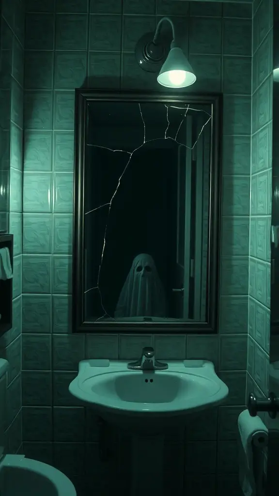 31+ Spooktacular Haunted House Ideas for Your Halloween Festival 18 A dimly lit bathroom with a cracked mirror and a ghostly figure in the reflection.