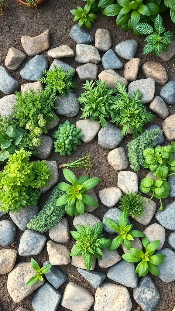 An arrangement of various herbs surrounded by stones in a garden.