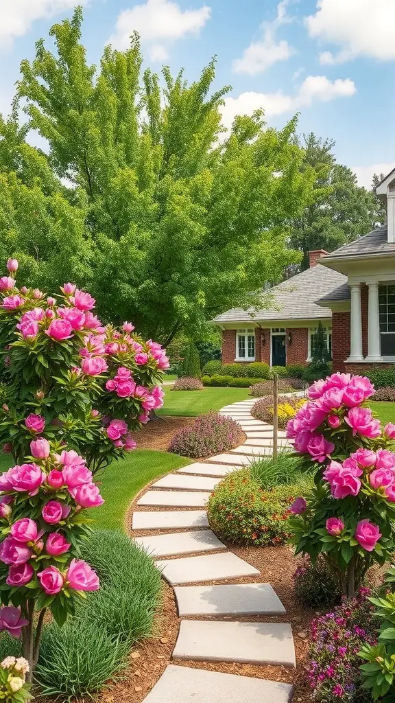 19+ Stunning Crepe Myrtle Landscaping Ideas to Transform Your Garden 4 A landscaped garden featuring a crepe myrtle tree surrounded by colorful flowers and a stone pathway.