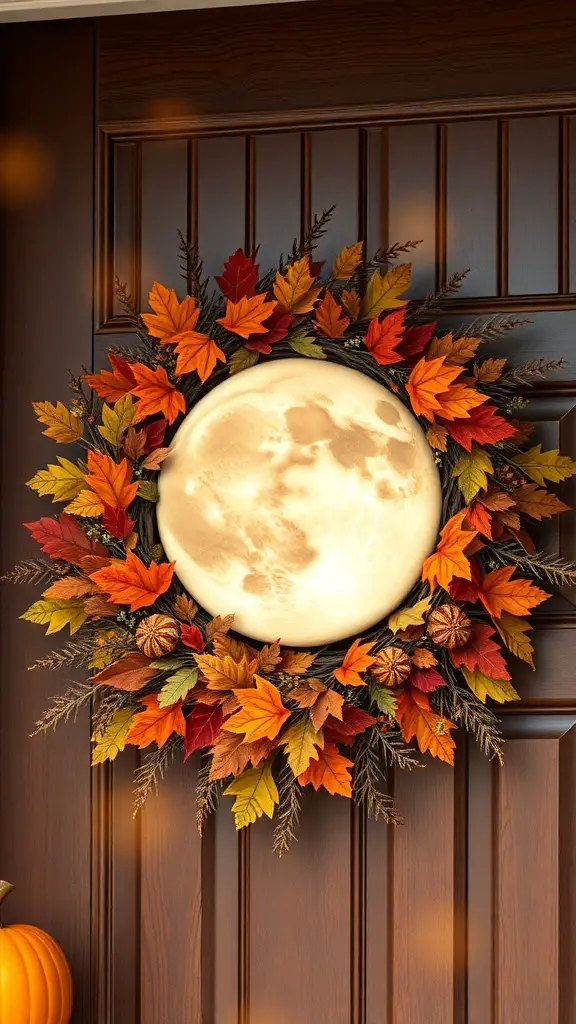 A decorative wreath featuring autumn leaves and a glowing moon, perfect for Halloween.