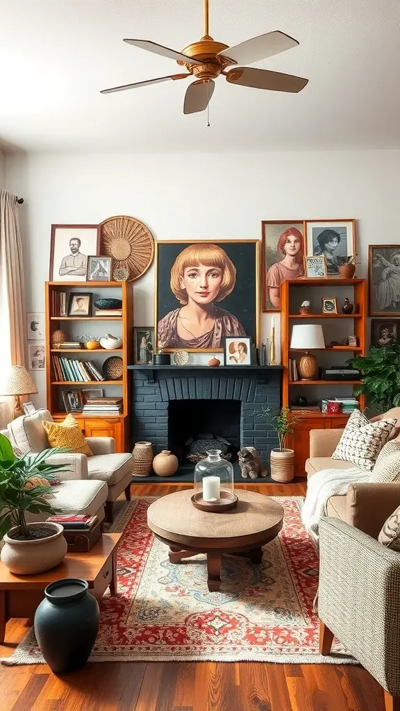 29+ Modern Cottage Living Room Ideas You’ll Love 11 A cozy living room featuring eclectic decor with wooden shelves, a large portrait, and plants.
