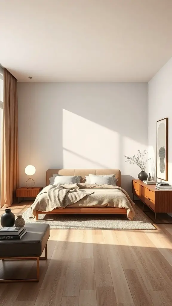 A modern minimalist brown bedroom featuring a bed, nightstand, and natural light.