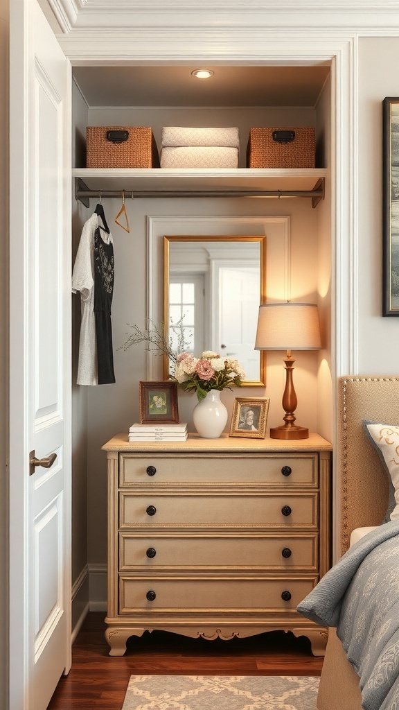 25+ Stylish Closet Ideas Featuring Dressers Inside 8 Stylish closet with a built-in dresser, framed picture, and decorative plants.
