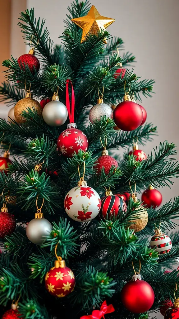 33+ Festive Christmas Party Decor Ideas to Elevate Your Holiday Celebration 13 A beautifully decorated Christmas tree with red and gold ornaments and a golden star on top.