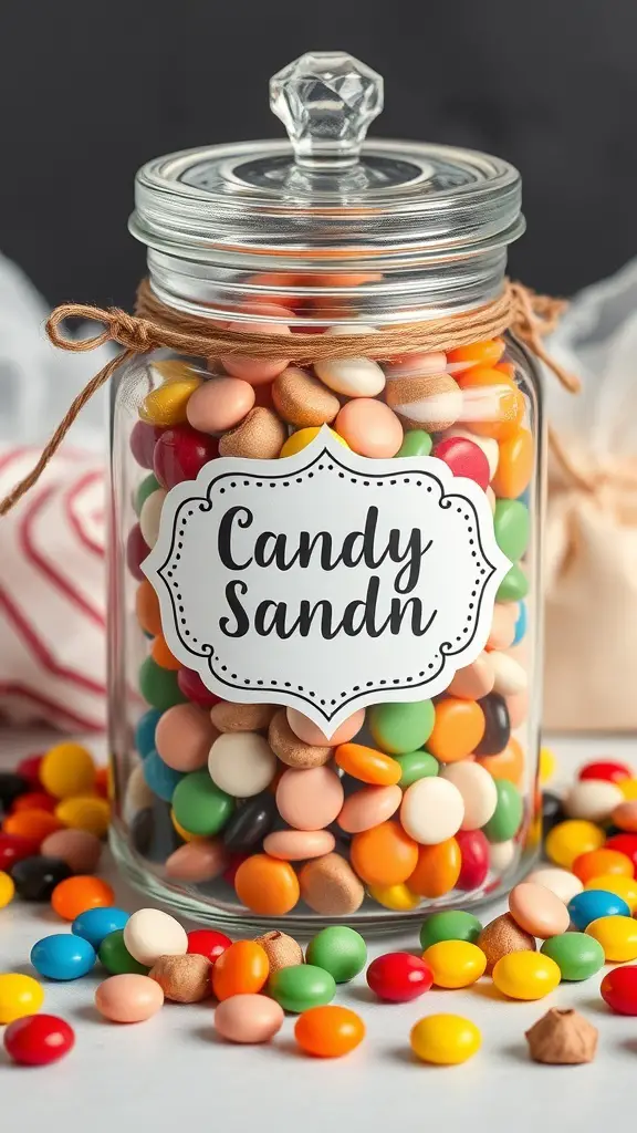 A glass candy jar filled with colorful candies and a label that reads 'Candy Sand'.