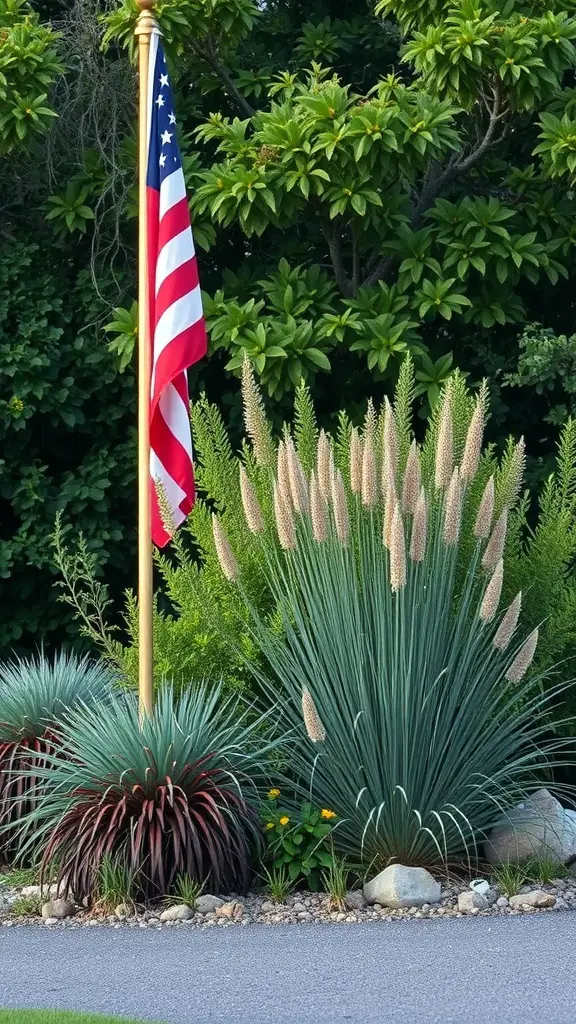 Flag pole surrounded by native plants and greenery