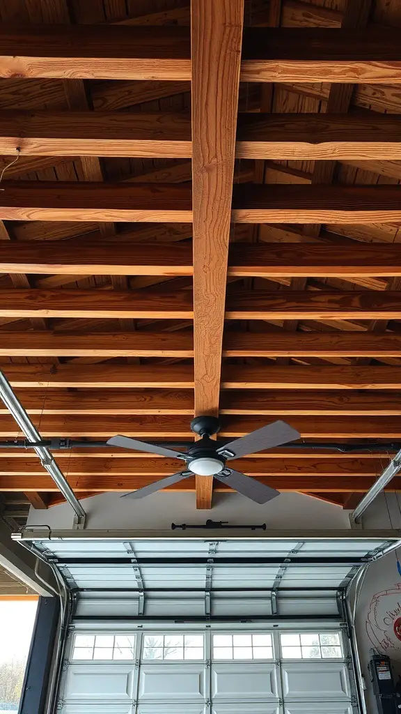 Stylish wooden beams on a garage ceiling with a ceiling fan