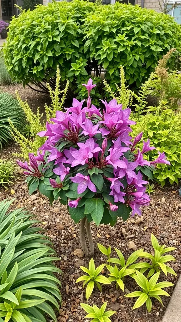 19+ Stunning Crepe Myrtle Landscaping Ideas to Transform Your Garden 7 A vibrant crepe myrtle with pink flowers surrounded by green plants in a small garden.