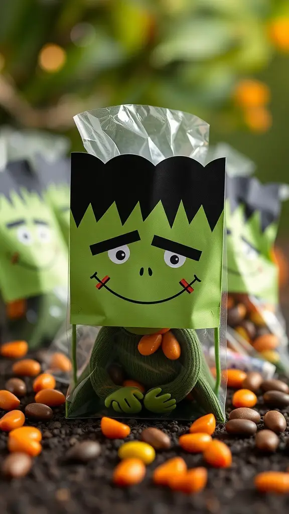 Frankenstein treat bags filled with candy, featuring a playful green design.