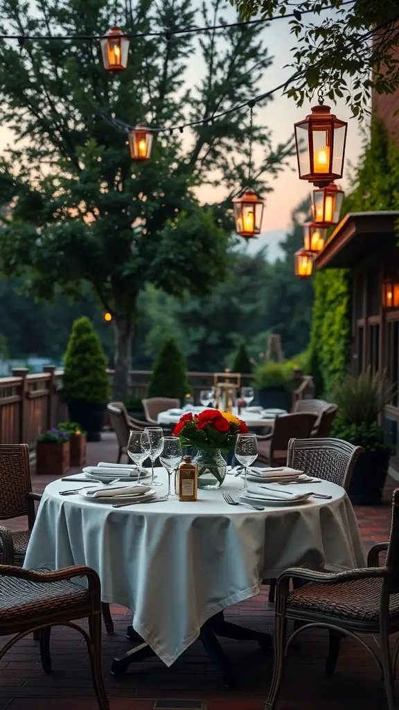 Elegant outdoor dining setup with a table, chairs, and lanterns