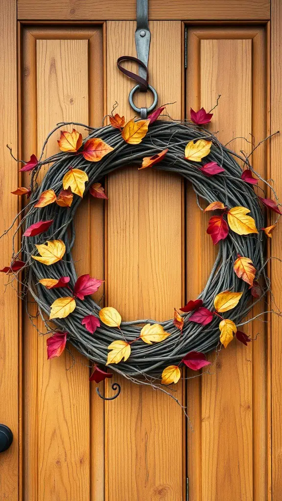 29+ Elegant Fall Wreaths to Enhance Your Home Decor 8 A rustic grapevine wreath adorned with dried leaves in shades of red and yellow, hanging on a wooden door.