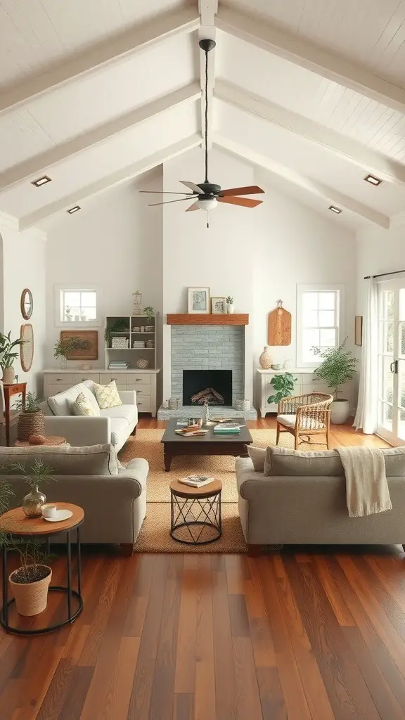 27+ Vintage Farmhouse Living Room Ideas for Cozy Charm 5 A vintage farmhouse living room with an open layout, featuring light-colored sofas, a wooden floor, and a cozy fireplace.