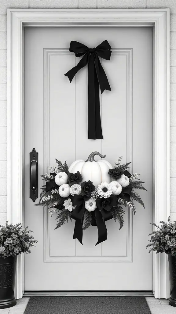Chic monochrome pumpkin wreath on a door