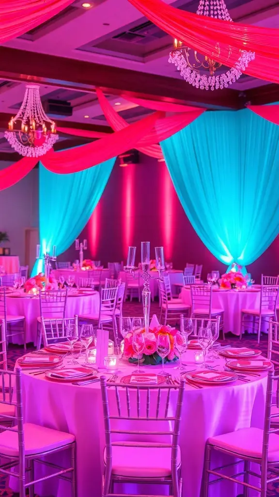 27+ Stunning Wedding Theme Color Schemes to Inspire Your Big Day 9 A wedding reception decorated with coral and turquoise colors, featuring elegant tables and draped fabric.
