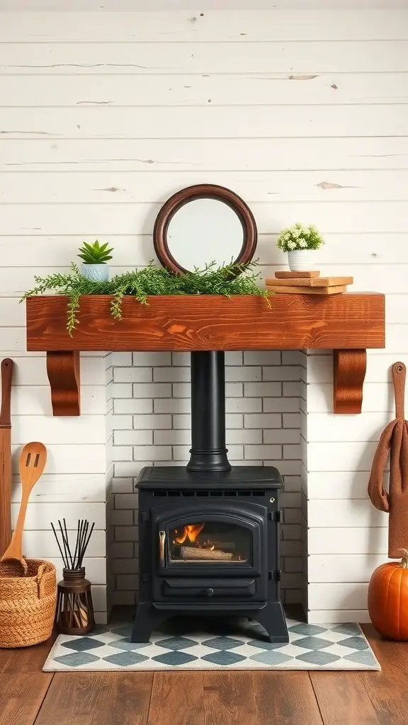 29+ Stunning Wood Stove Fireplace Surround Ideas to Warm Up Your Home 12 A cozy farmhouse style wood stove fireplace surround with a wooden mantel and shiplap wall.