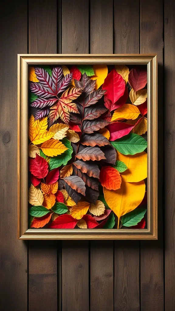 35+ Creative Fall Craft Ideas You’ll Love 9 A framed wall art piece featuring a variety of colorful autumn leaves arranged beautifully.